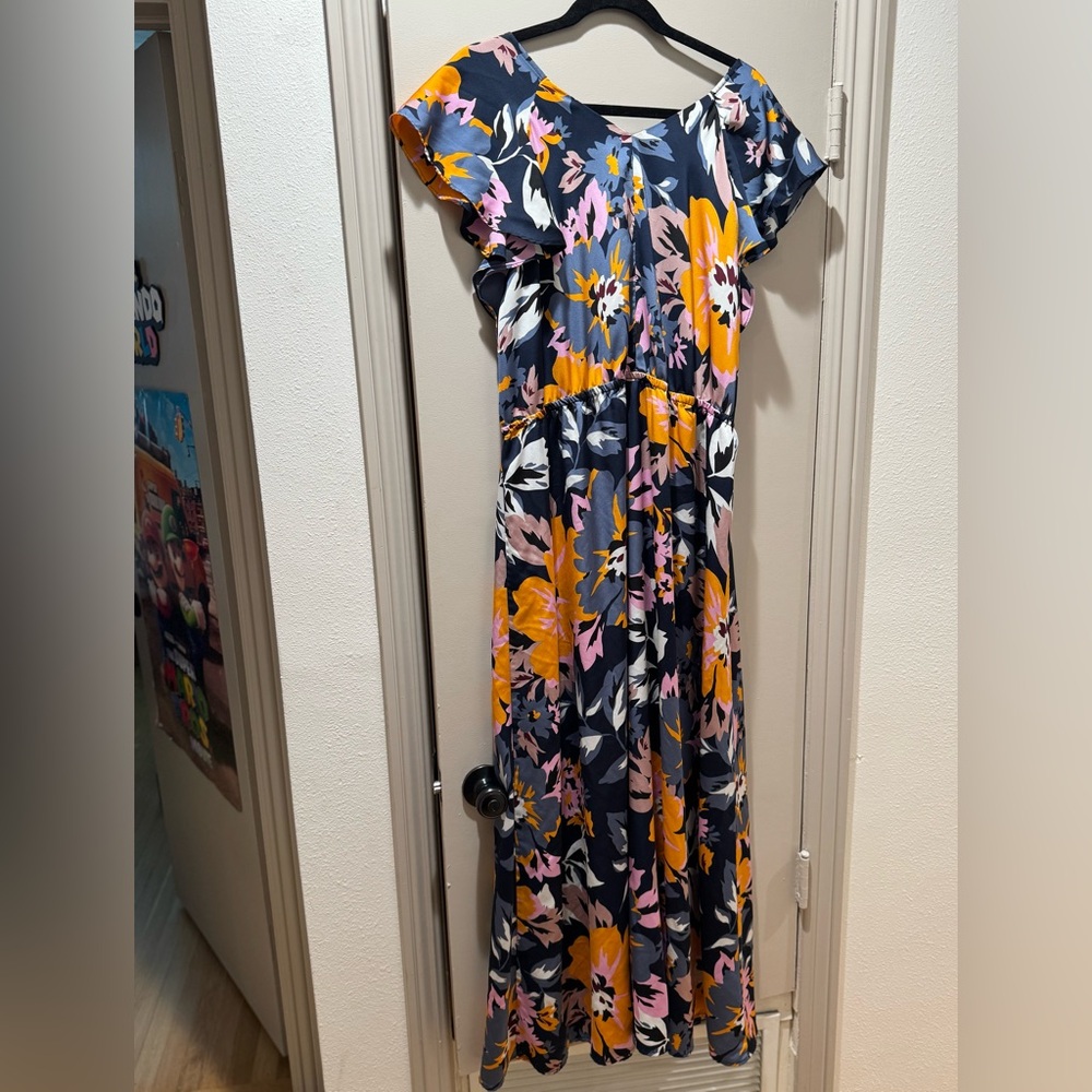 EUC H&M Navy Floral Print Long Butterfly Sleeved V-Neck Maxi Dress - Picture 4 of 9